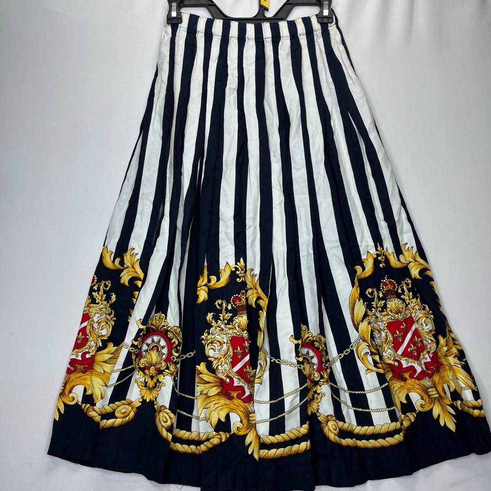 Talbots Skirt Petites Small Navy White Stripe Rayon Crest Pleated Midi Vintage - Picture 2 of 11